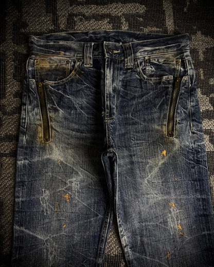 Japanese Faded Cracked Zip Jeans