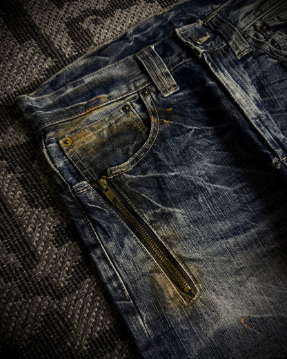 Japanese Faded Cracked Zip Jeans