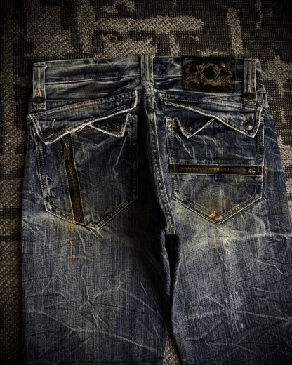 Japanese Faded Cracked Zip Jeans