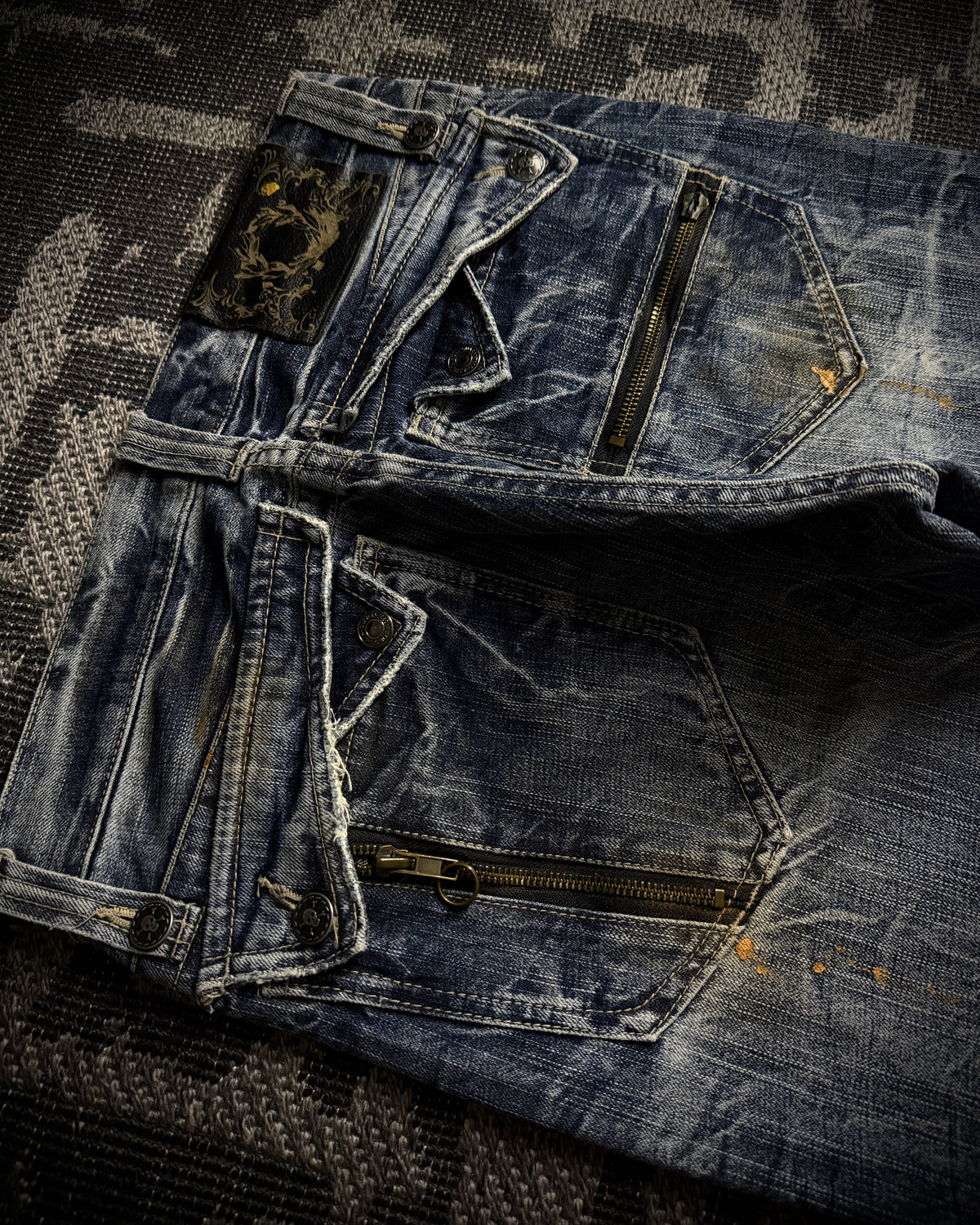 Japanese Faded Cracked Zip Jeans