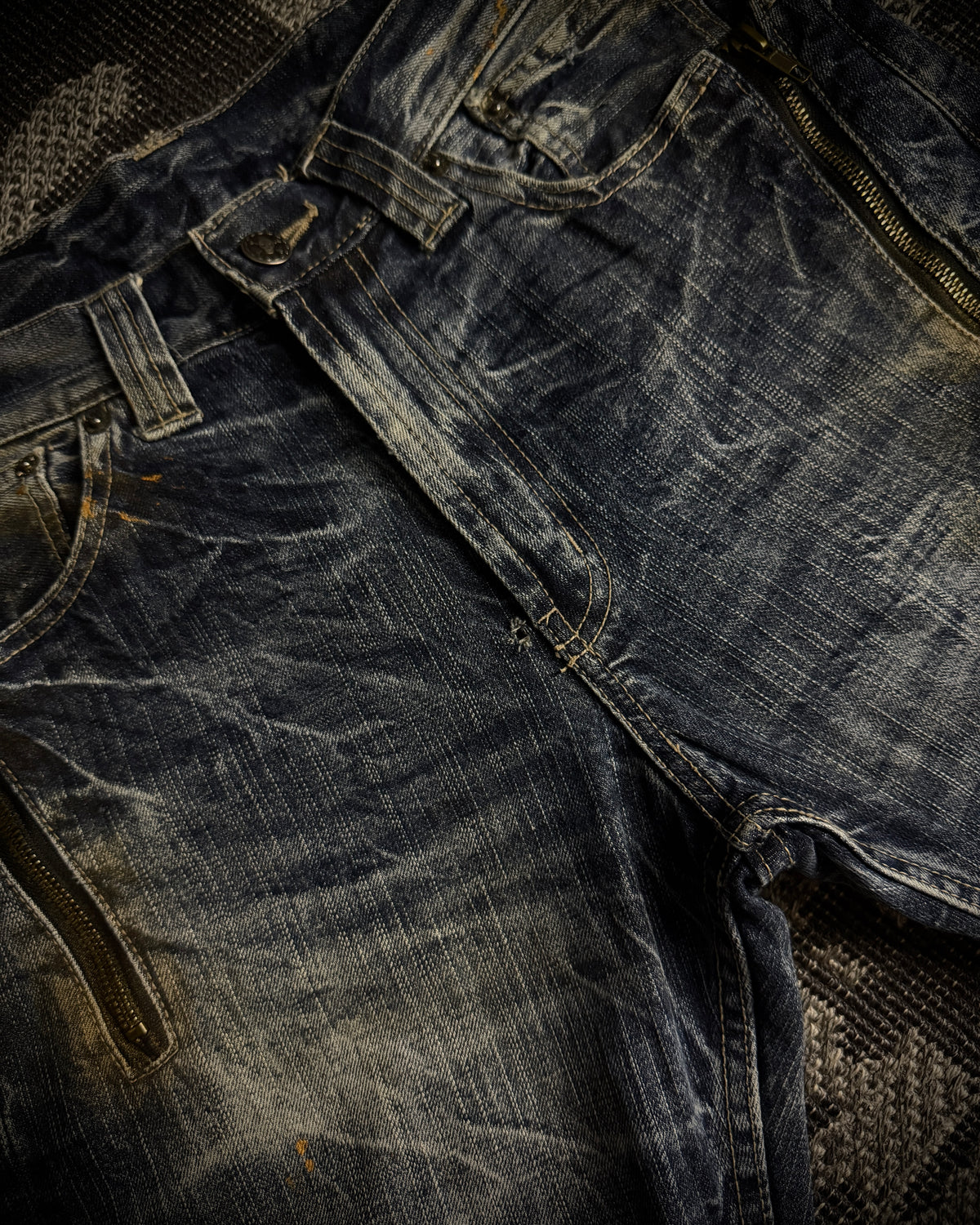 Japanese Faded Cracked Zip Jeans