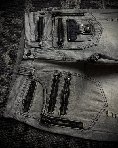Semantic Design Multi-Zip Distressed Boot Cut Jeans