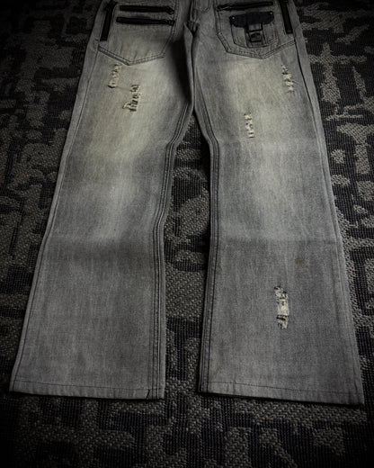 Semantic Design Multi-Zip Distressed Boot Cut Jeans