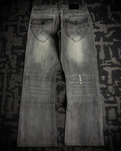 Semantic Design Multi-Zip Distressed Boot Cut Jeans