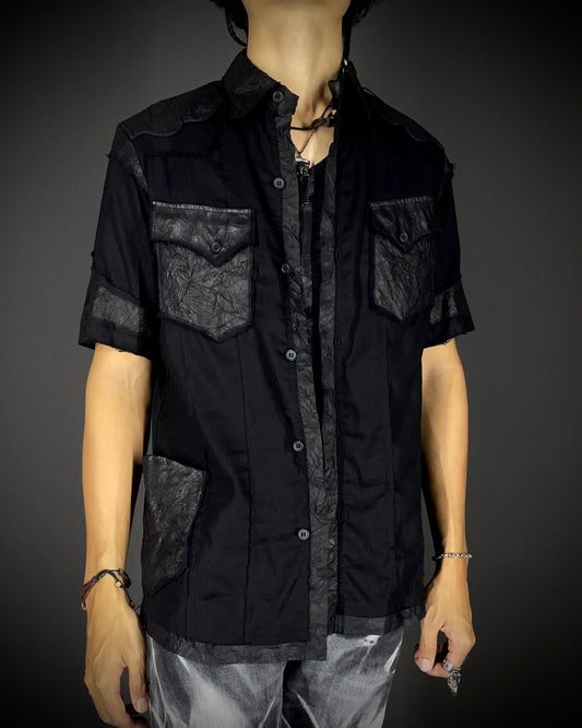 HIROMU ROEN Black Leather Panel Shirt