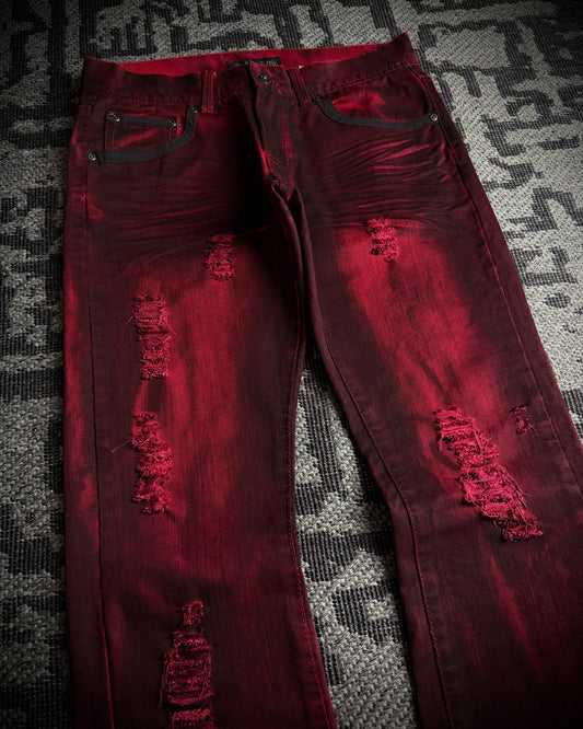 In The Attic Faded Red Distressed Bootcut Denim