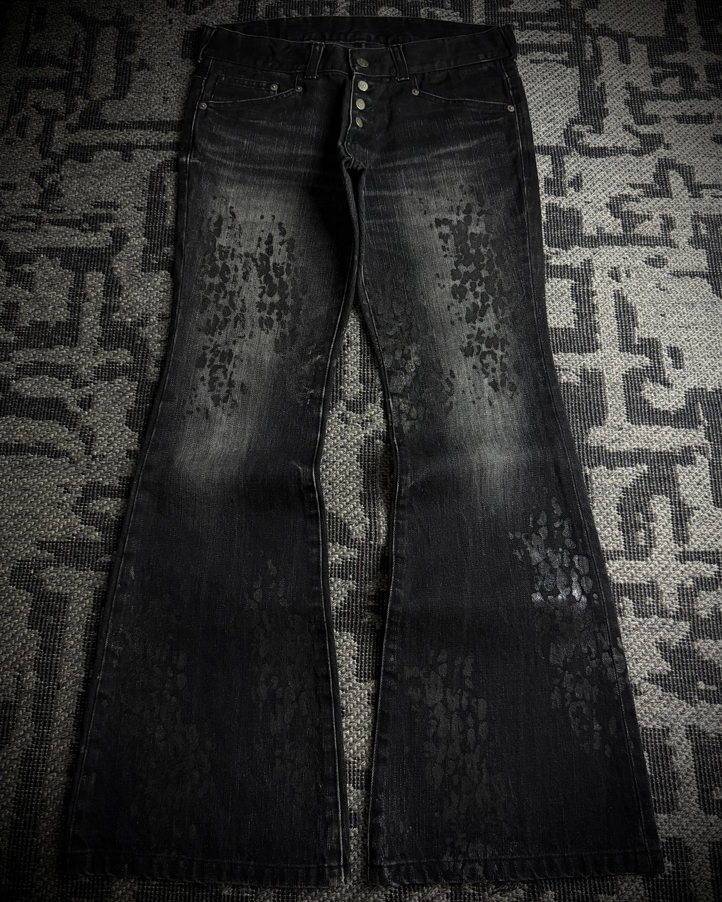 Tornado Mart Black Leopard Coated Fade Flared Denim