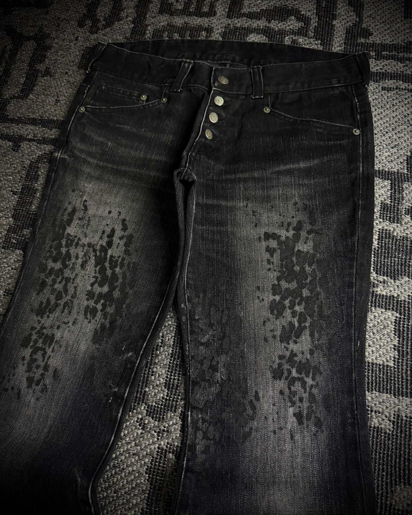 Tornado Mart Black Leopard Coated Fade Flared Denim