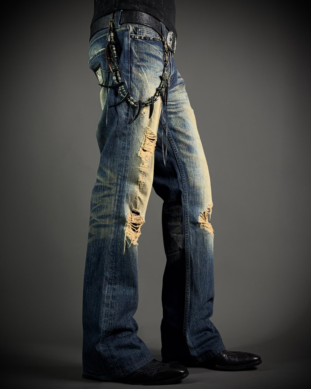 The Murder License Mud Wash Destroyed Studded Flared Jeans