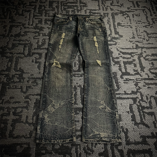Semantic Design Back Pocket Zipper Distressed Flared Jeans