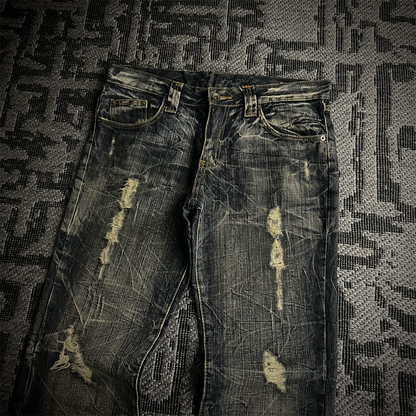 Semantic Design Back Pocket Zipper Distressed Flared Jeans