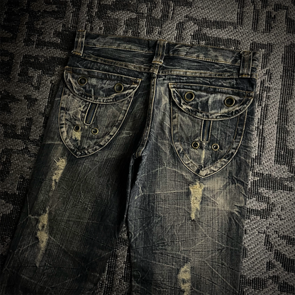 Semantic Design Back Pocket Zipper Distressed Flared Jeans