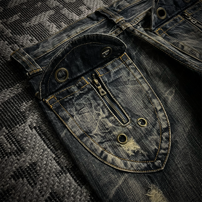 Semantic Design Back Pocket Zipper Distressed Flared Jeans