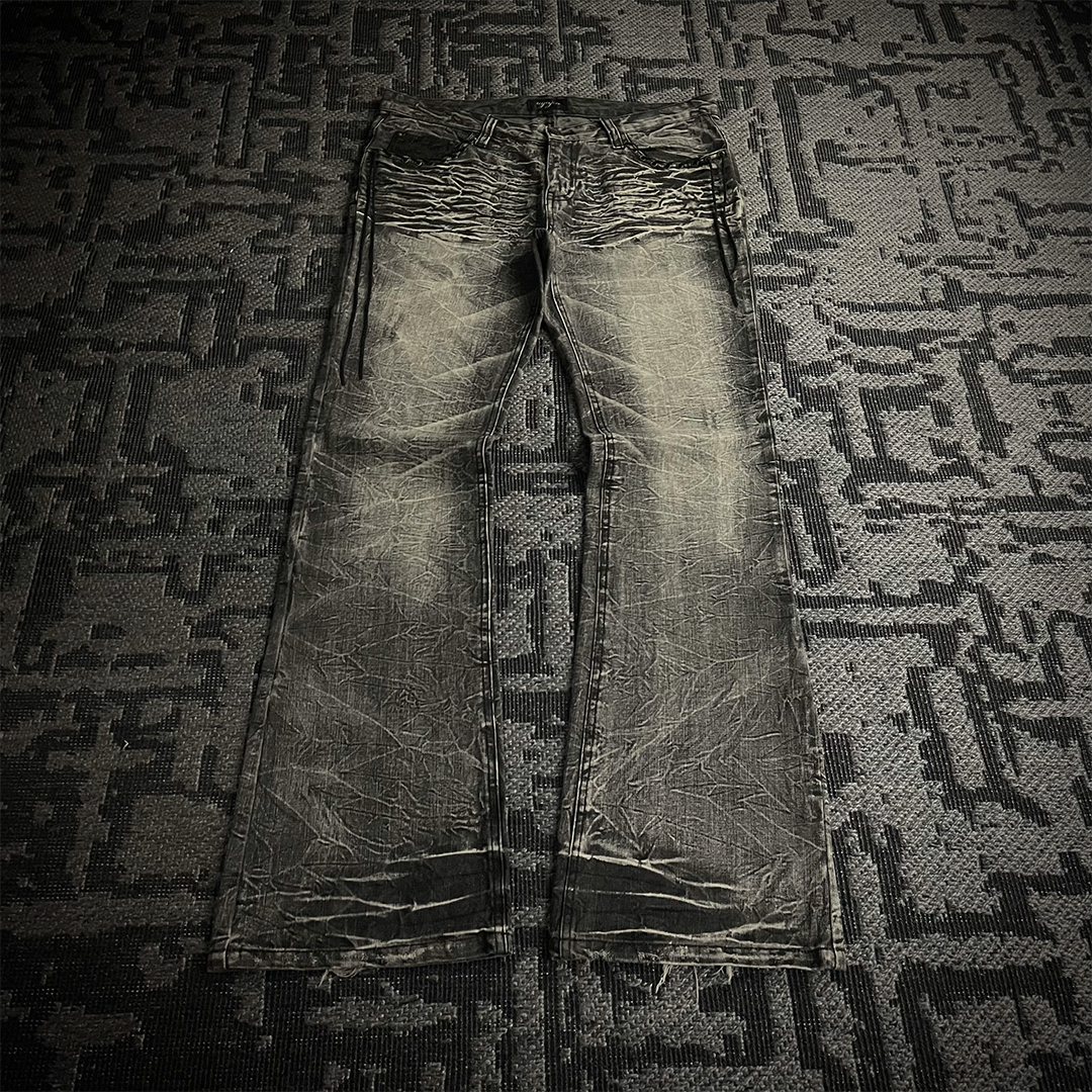 Ugajin Whiskered Acid Wash Lace up Flared Jeans