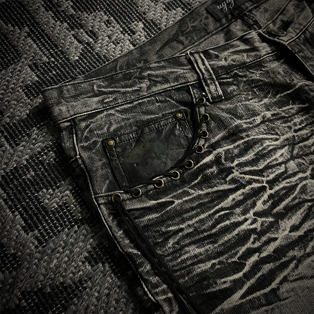 Ugajin Whiskered Acid Wash Lace up Flared Jeans