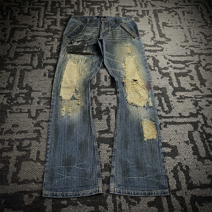 In The Attic Rare Distressed Dirty Flare Denim
