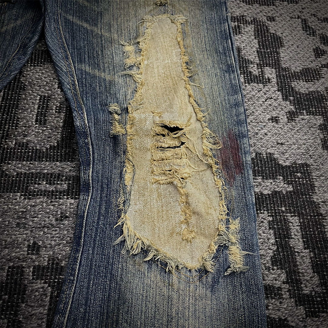 In The Attic Rare Distressed Dirty Flare Denim