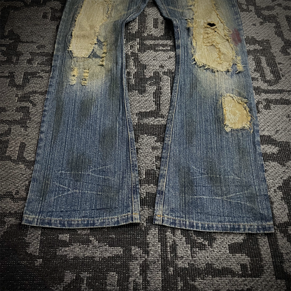 In The Attic Rare Distressed Dirty Flare Denim