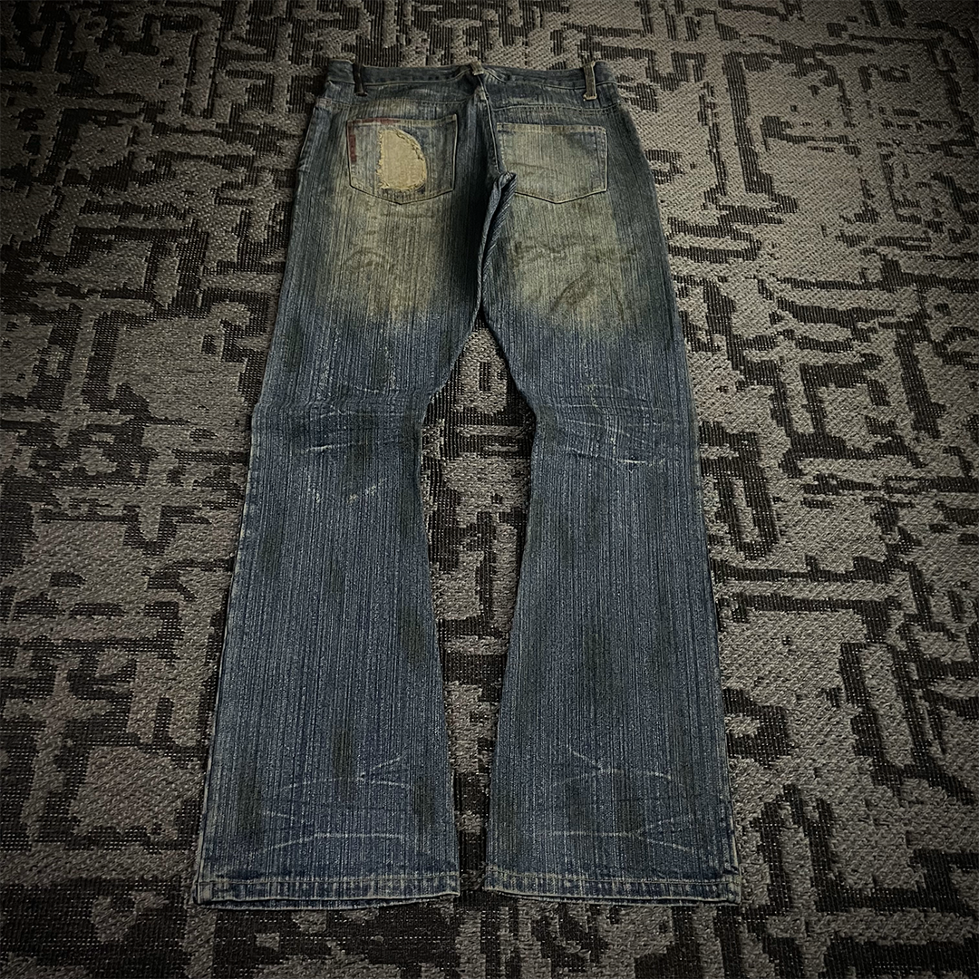 In The Attic Rare Distressed Dirty Flare Denim