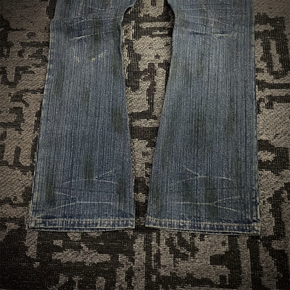 In The Attic Rare Distressed Dirty Flare Denim