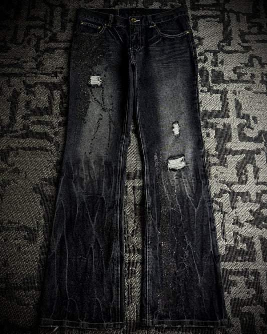 Black Baccara Glitter Distressed Bootcut Jeans