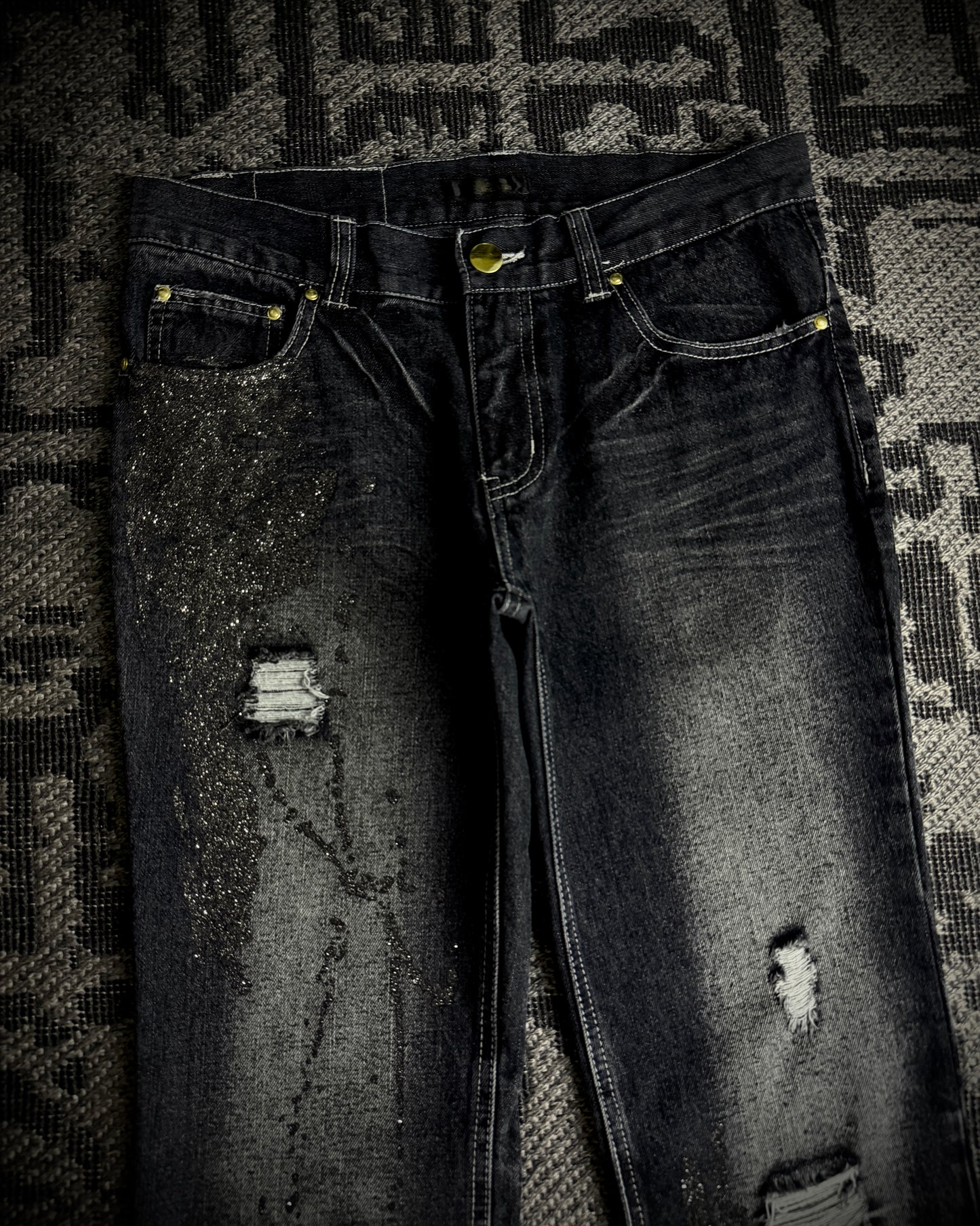 Black Baccara Glitter Distressed Bootcut Jeans