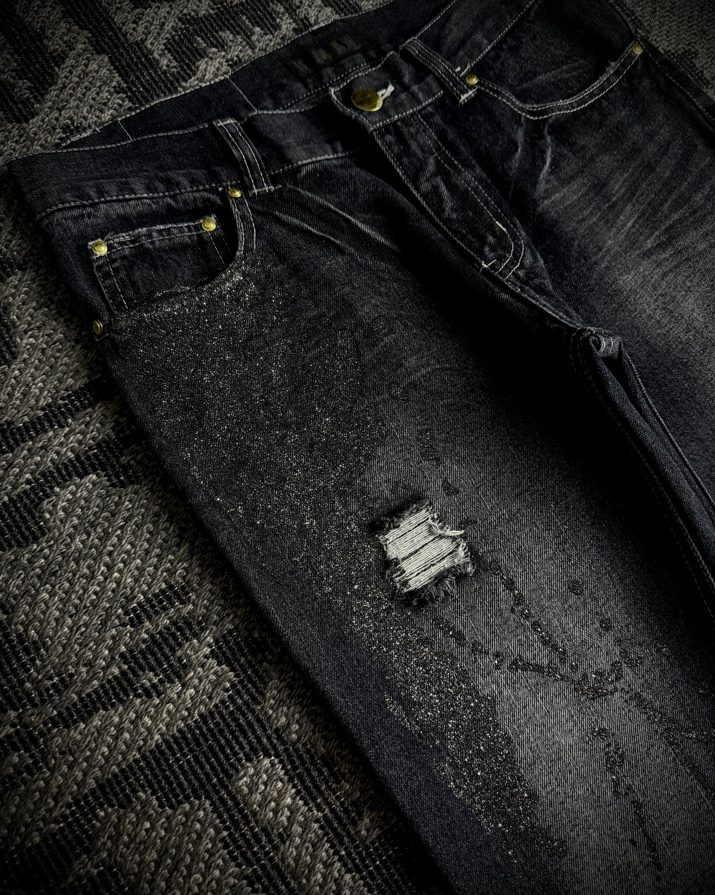 Black Baccara Glitter Distressed Bootcut Jeans