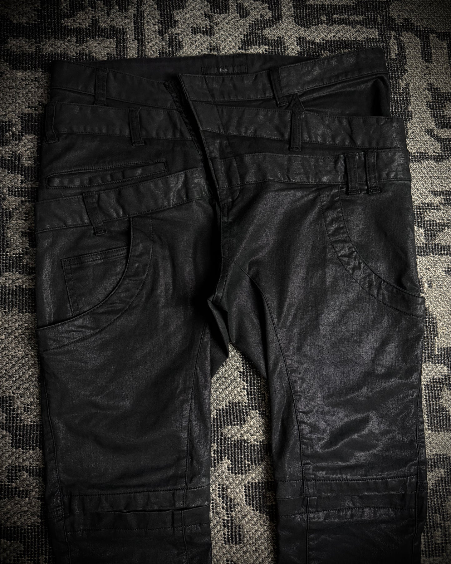Bajra Coated Stretch Triple Waist Asymmetrical Zip Pants