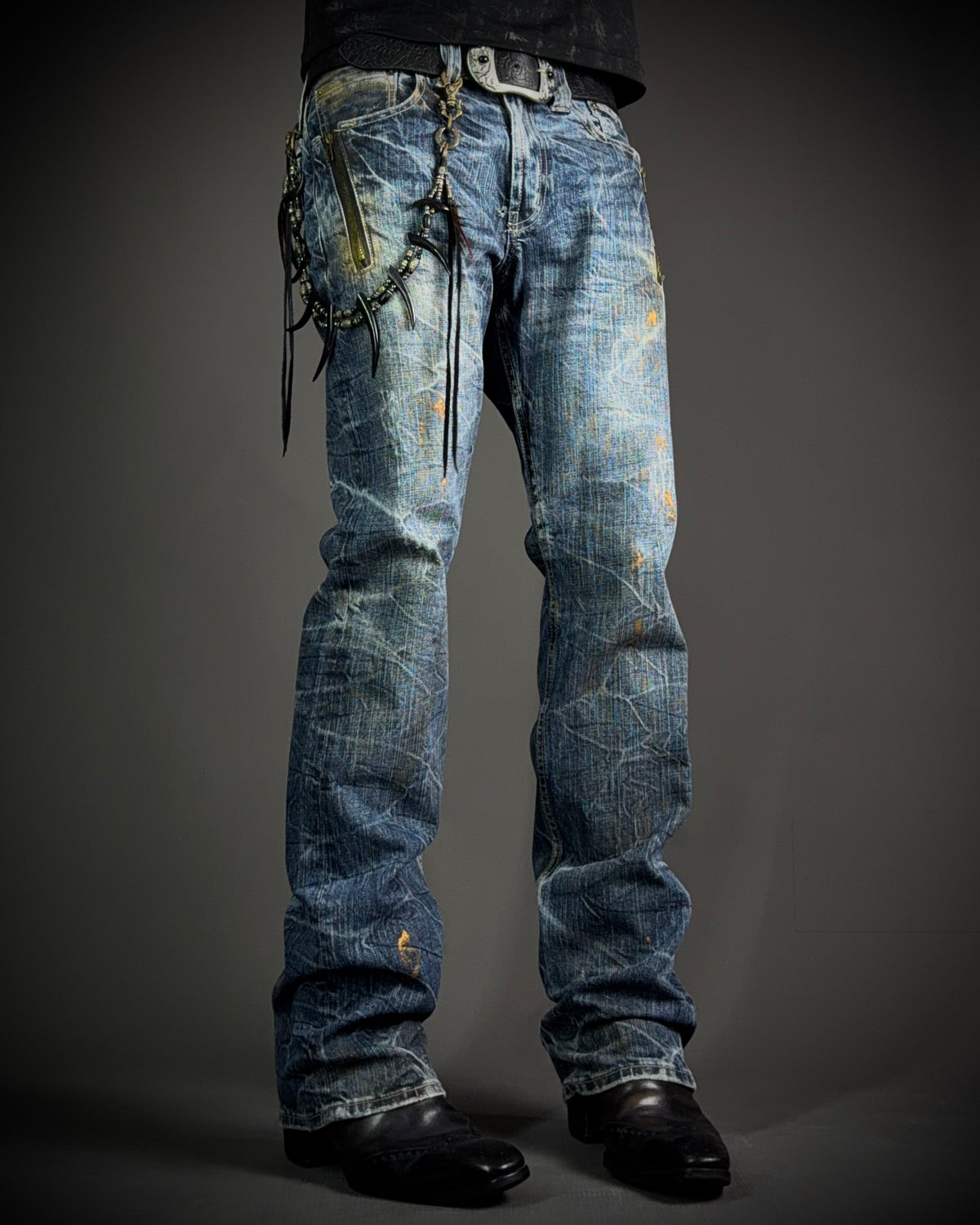 Japanese Faded Cracked Zip Jeans