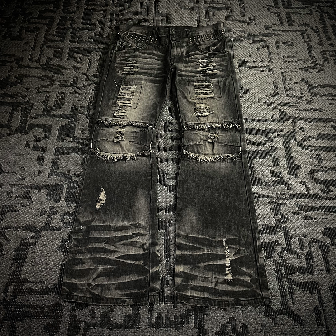 Lowbox Double Waist Studded Distressed Acid Wash Flared Jeans