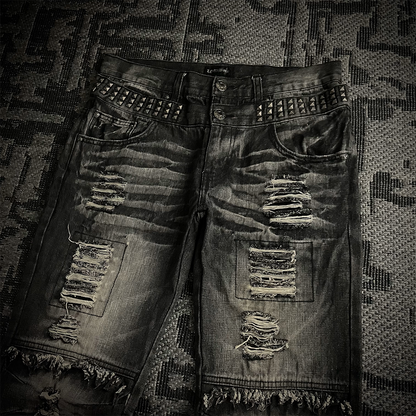Lowbox Double Waist Studded Distressed Acid Wash Flared Jeans