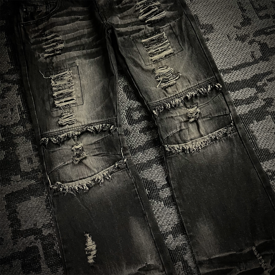 Lowbox Double Waist Studded Distressed Acid Wash Flared Jeans