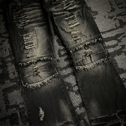 Lowbox Double Waist Studded Distressed Acid Wash Flared Jeans