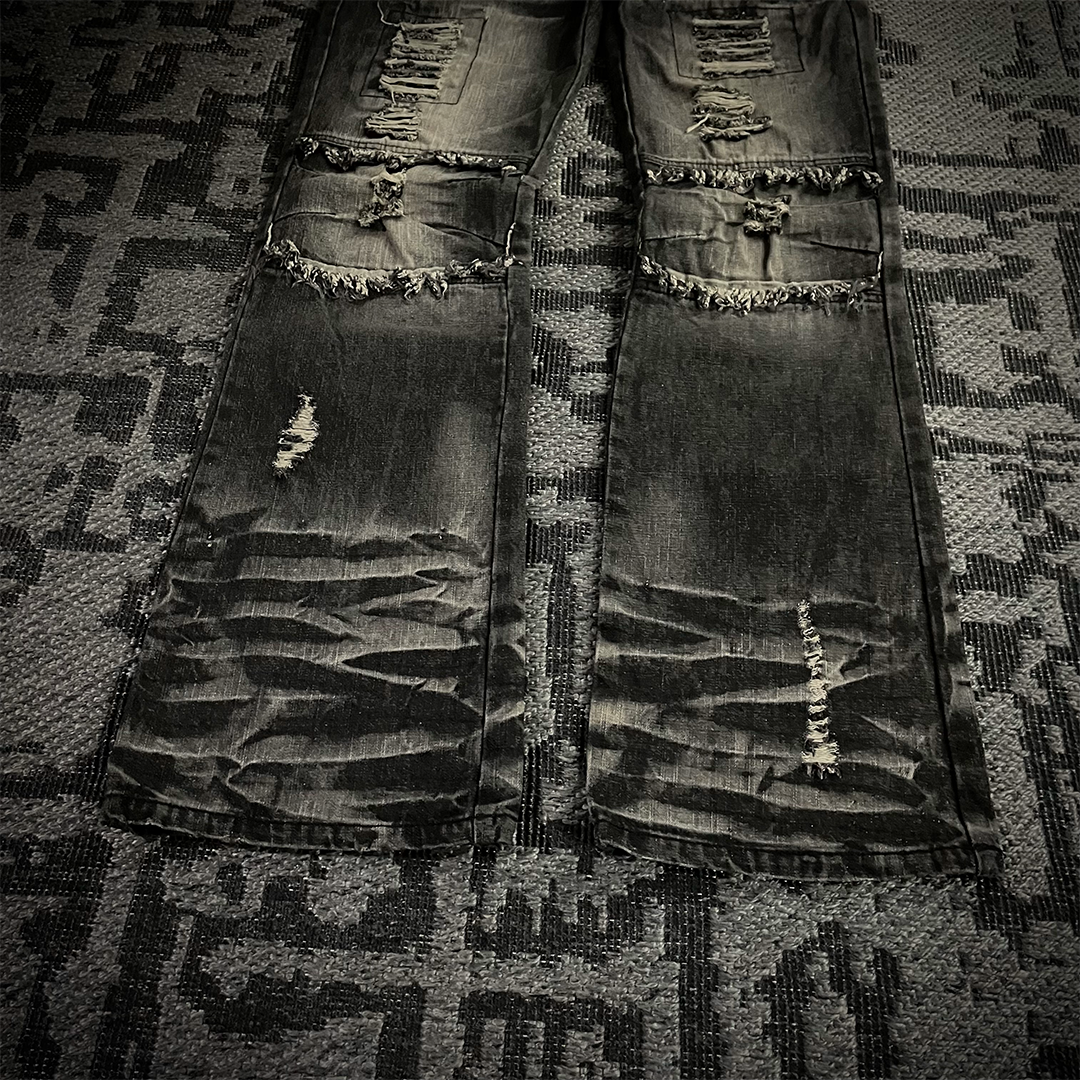 Lowbox Double Waist Studded Distressed Acid Wash Flared Jeans