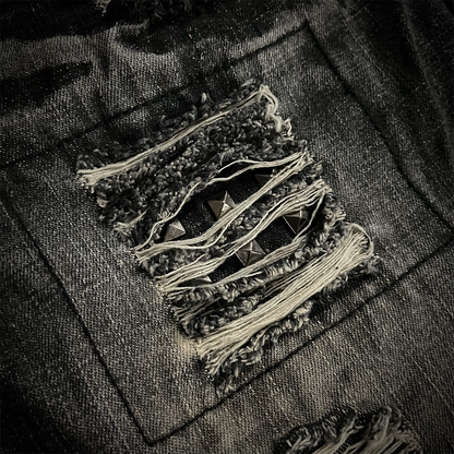 Lowbox Double Waist Studded Distressed Acid Wash Flared Jeans