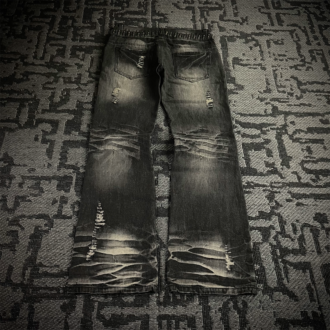 Lowbox Double Waist Studded Distressed Acid Wash Flared Jeans
