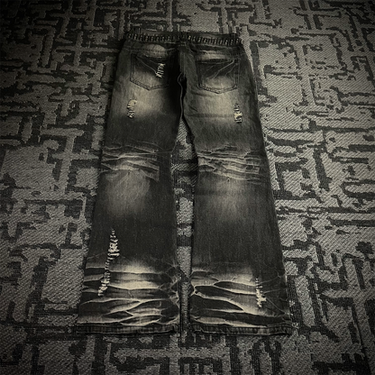 Lowbox Double Waist Studded Distressed Acid Wash Flared Jeans