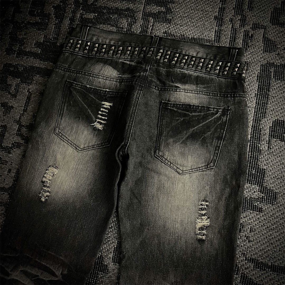 Lowbox Double Waist Studded Distressed Acid Wash Flared Jeans