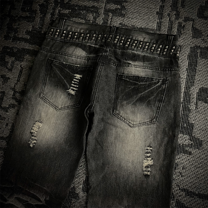 Lowbox Double Waist Studded Distressed Acid Wash Flared Jeans