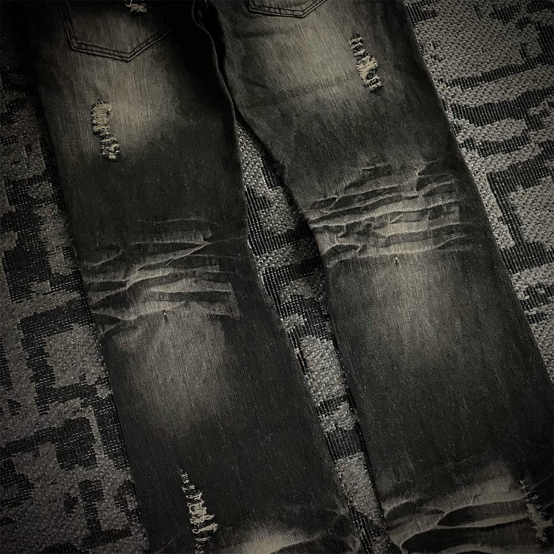 Lowbox Double Waist Studded Distressed Acid Wash Flared Jeans