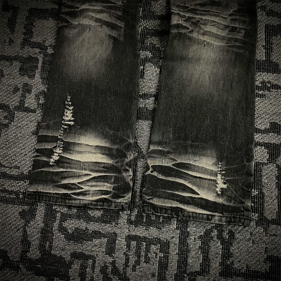 Lowbox Double Waist Studded Distressed Acid Wash Flared Jeans