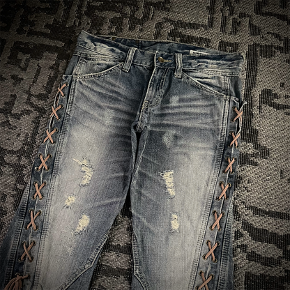 Semantic Design Thigh Lace-Up Spiral Cut Flared Jeans