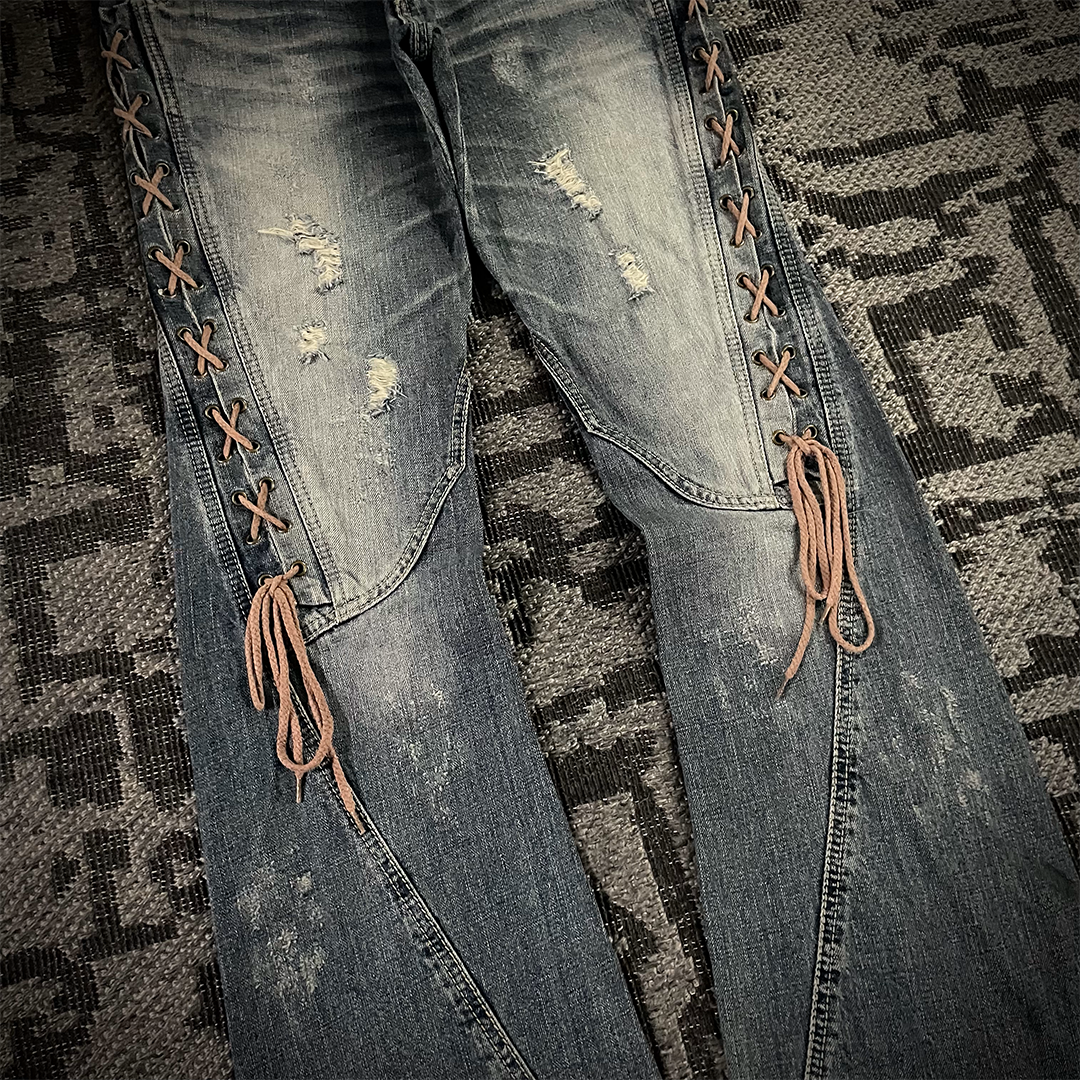 Semantic Design Thigh Lace-Up Spiral Cut Flared Jeans