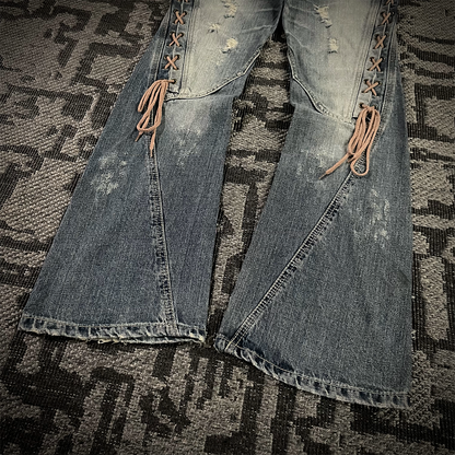 Semantic Design Thigh Lace-Up Spiral Cut Flared Jeans