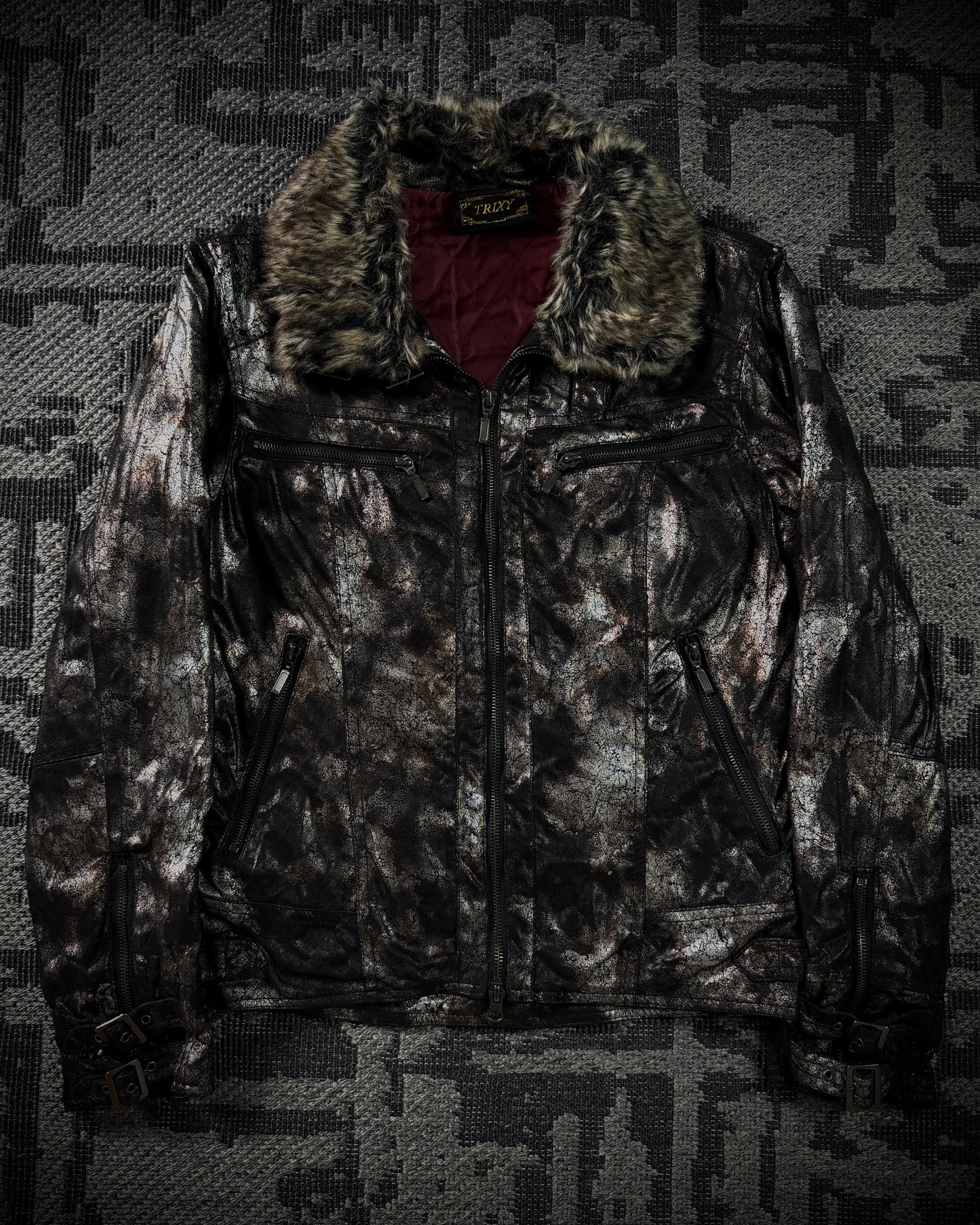 TRIZY Silver Bronze Glossy Fur Jacket