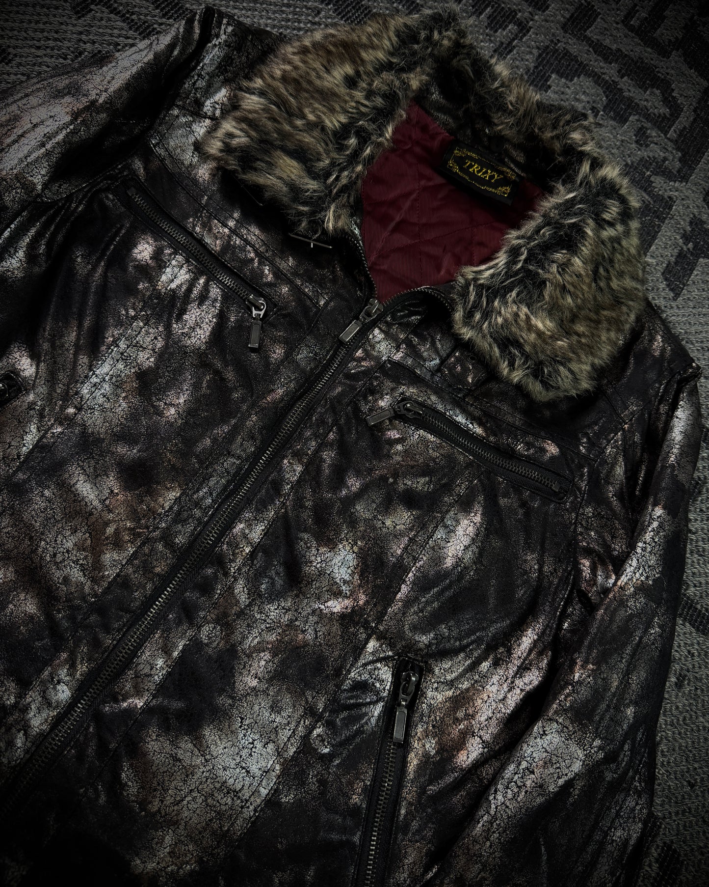 TRIZY Silver Bronze Glossy Fur Jacket