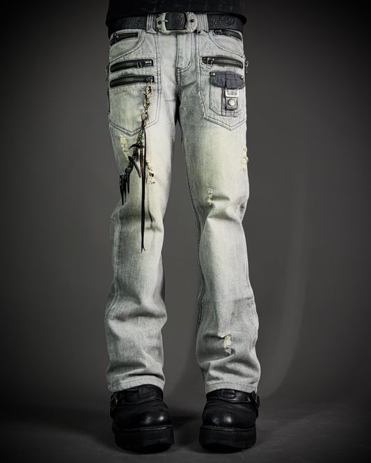 Semantic Design Multi-Zip Distressed Boot Cut Jeans