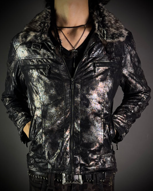TRIZY Silver Bronze Glossy Fur Jacket
