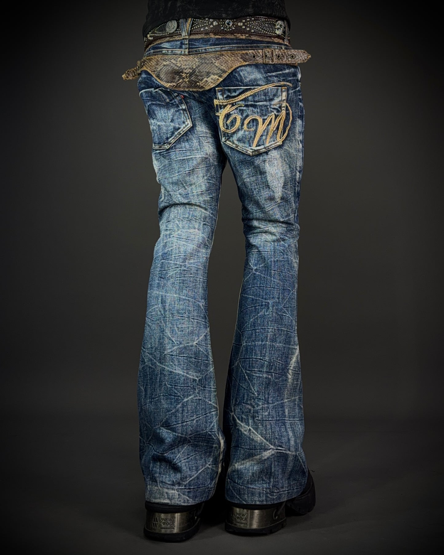 Tornado Mart Snake Waist Strap Cracked Fade Flared Denim