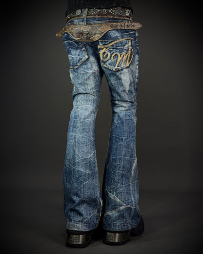 Tornado Mart Snake Waist Strap Cracked Fade Flared Denim